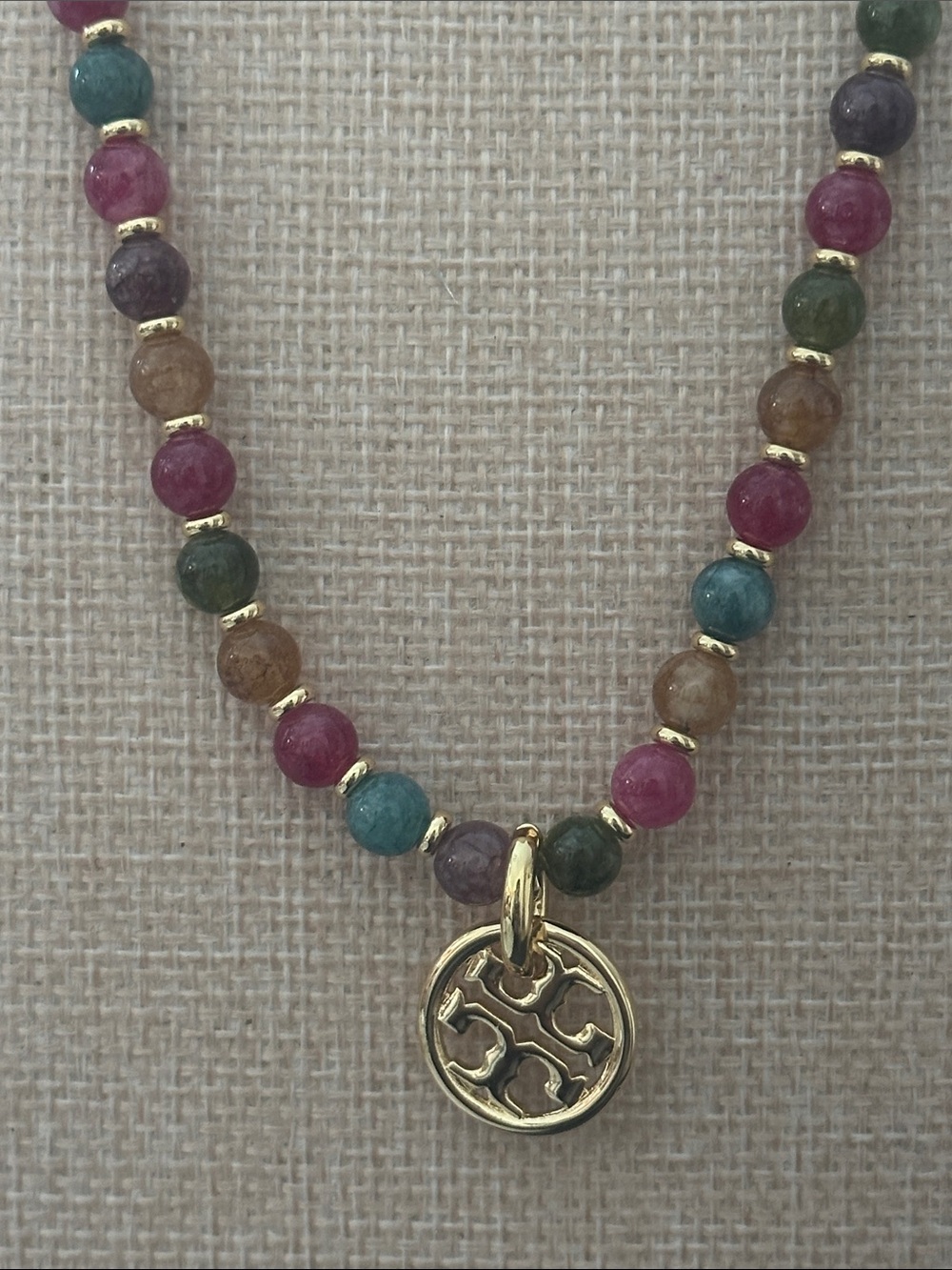 Tory Burch Multicolor Beaded Necklace with Gold Logo Pendant - Picture 2 of 3